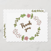 グリーンの葉とピンクの花のブライダルシャワー サンキューカード (正面/裏面)