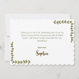 グリーンの葉とピンクの花のブライダルシャワー サンキューカード