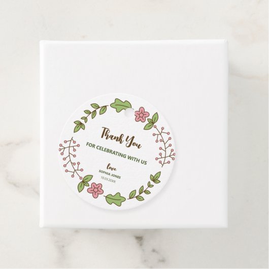 グリーンの葉とピンクの花のブライダルシャワー フェイバータグ (インサイチュ)