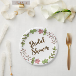 グリーンの葉とピンクの花のブライダルシャワー ペーパープレート