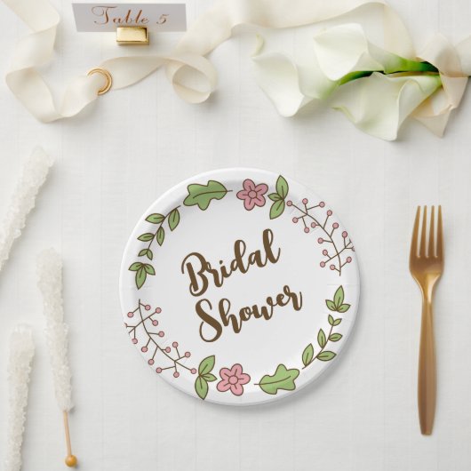 グリーンの葉とピンクの花のブライダルシャワー ペーパープレート (ウェディング)