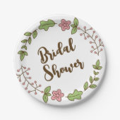 グリーンの葉とピンクの花のブライダルシャワー ペーパープレート (正面)