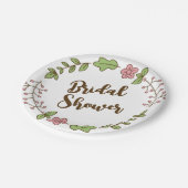 グリーンの葉とピンクの花のブライダルシャワー ペーパープレート (アングル)