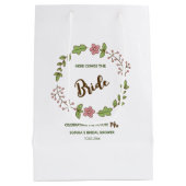 グリーンの葉とピンクの花のブライダルシャワー ミディアムペーパーバッグ (裏面)