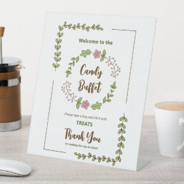 グリーンの葉とピンクの花のブライダルシャワー 台座サイン