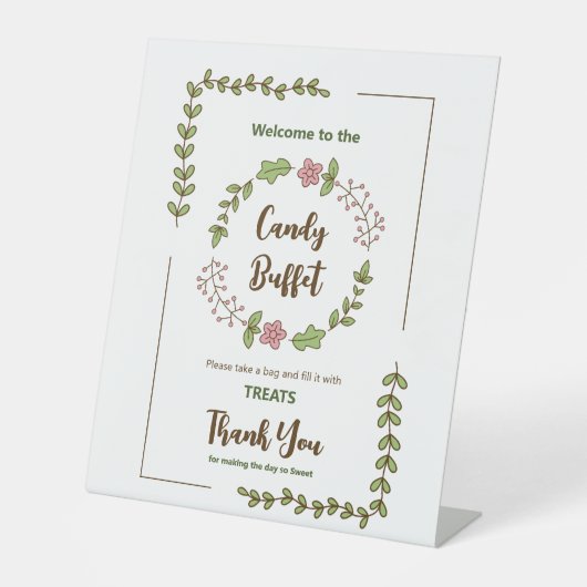 グリーンの葉とピンクの花のブライダルシャワー 台座サイン (正面)