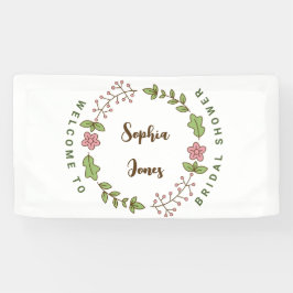 グリーンの葉とピンクの花 ブライダルシャワー ウェルカム 横断幕