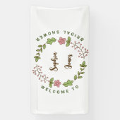 グリーンの葉とピンクの花 ブライダルシャワー ウェルカム 横断幕 (縦)