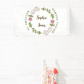 グリーンの葉とピンクの花 ブライダルシャワー ウェルカム 横断幕 (インサイチュ)