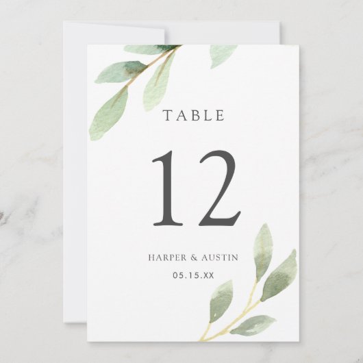 グリーンの葉のボタニカルウェディングテーブルナンバー 5x7 招待状 (裏面)