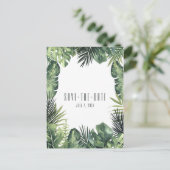 グリーンの葉のボタニカルトロピカル・セーブ・ザ・デート 案内ポストカード (スタンド正面)
