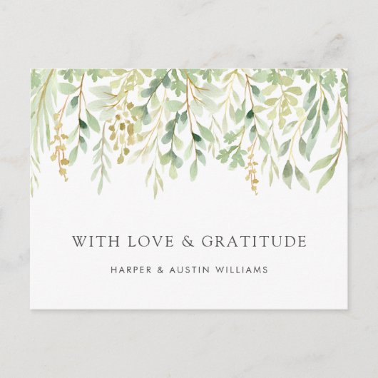 グリーンの葉のボタニカル ウェディング サンクス ポストカード (正面)
