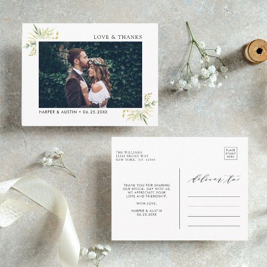 グリーンの葉のボタニカル ウェディング フォト サンクス ポストカード