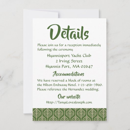 グリーンの葉のボヘミアンスタイルのウェディングディレクション詳細 葉 招待状 (正面)