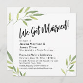 グリーンの葉のモダンな手書きフォントで「私たち結婚しました！」 招待状 (正面/裏面)