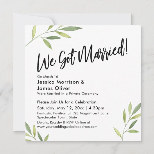 グリーンの葉のモダンな手書きフォント 私たち結婚しました！ 招待状 (正面)