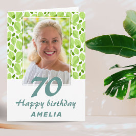 グリーンの葉の模様 ボタニカル 70歳の誕生日写真 カード