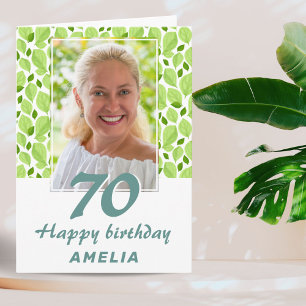 グリーンの葉の模様 ボタニカル 70歳の誕生日写真 カード