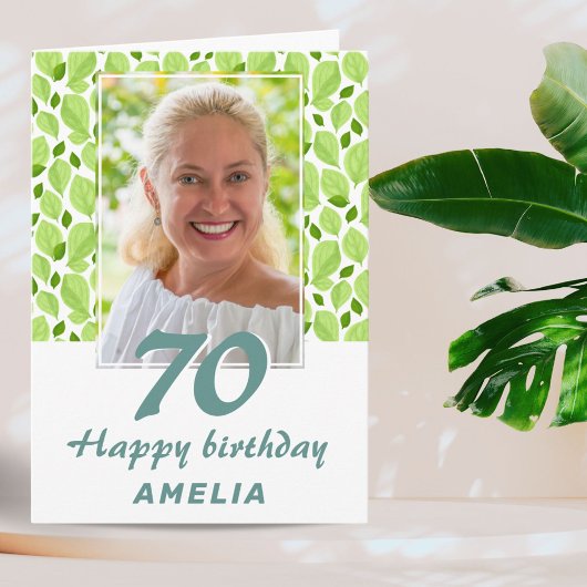 グリーンの葉の模様 ボタニカル 70歳の誕生日写真 カード