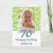 グリーンの葉の模様 ボタニカル 70歳の誕生日写真 カード (正面)