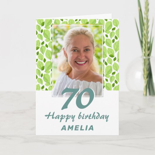 グリーンの葉の模様 ボタニカル 70歳の誕生日写真 カード (正面)