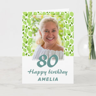 グリーンの葉の模様 ボタニカル 80歳の誕生日写真 カード