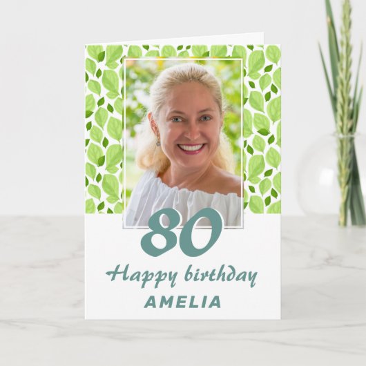 グリーンの葉の模様 ボタニカル 80歳の誕生日写真 カード (正面)
