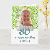 グリーンの葉の模様 ボタニカル 80歳の誕生日写真 カード (黄色い花)