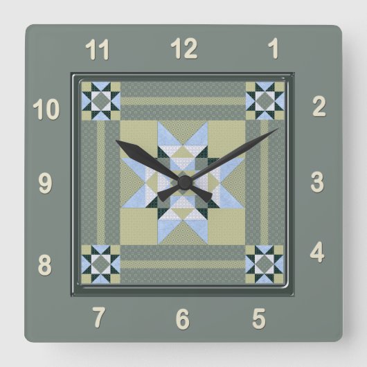 グリーンの複合スターパッチキルトブロック スクエア壁時計 (正面)