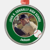 グリーンの高校野球選手フォトクリスマスギフト メタルオーナメント (正面)
