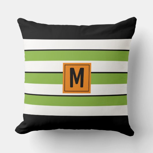 グリーンはっきりしたストライプモノグラム クッション (正面)