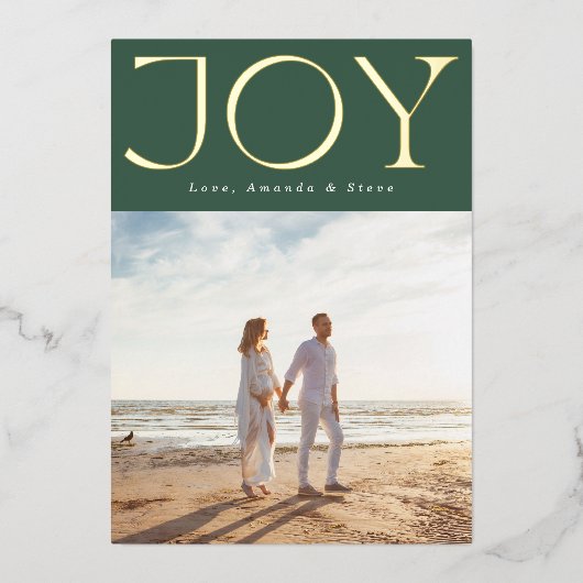 グリーンはっきりした金ゴールドJOYクリスマスフォト 箔シーズンカード (正面)