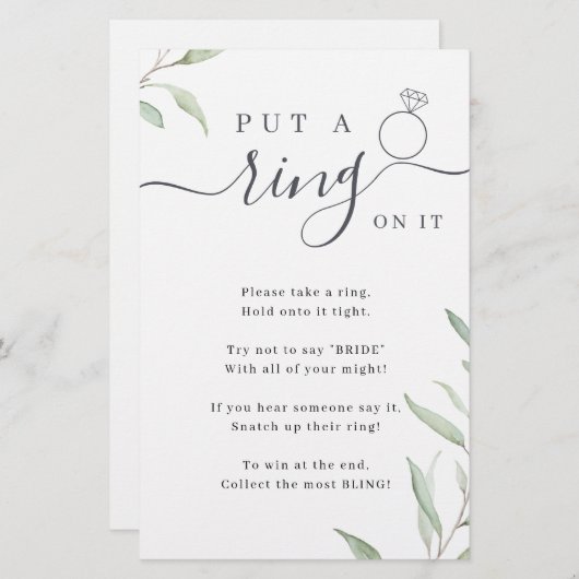 グリーンはリングを上げたブライダルシャワーゲーム (正面/裏面)