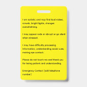 グリーンひまわり 自閉症アラート フォトIDと必要事項 バッジ (裏面)