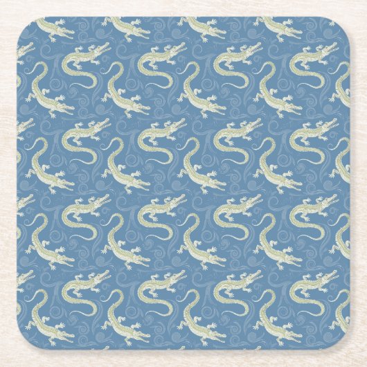 グリーンよくはしゃぐアリゲーターペイズリーオンブルー スクエアペーパーコースター (正面)