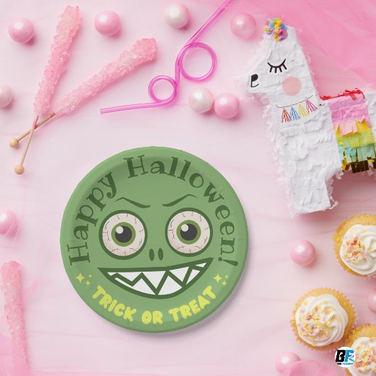 グリーンよくはしゃぐモンスターハロウィーン ペーパープレート