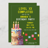 グリーンよくはしゃぐ&イエローピクセルケーキゲーマー誕生日 招待状 (正面/裏面)