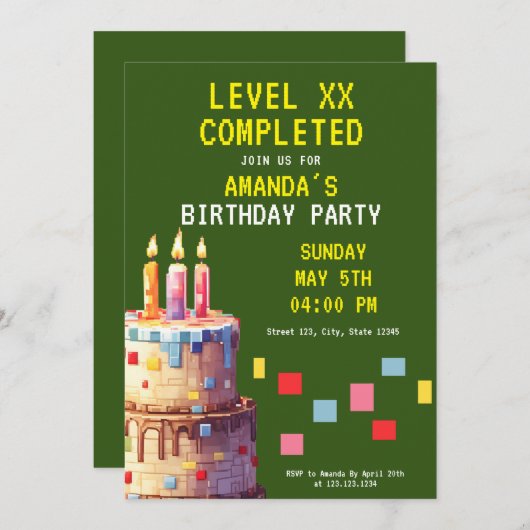 グリーンよくはしゃぐ&イエローピクセルケーキゲーマー誕生日 招待状 (正面/裏面)