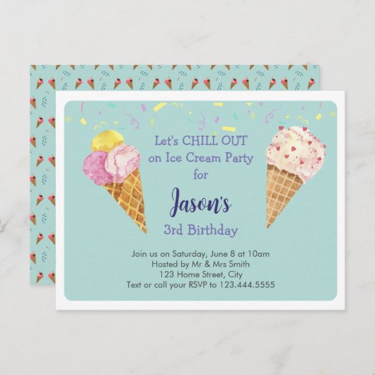 グリーンアイスクールクリーム子供の誕生日パーティー インビテーションポストカード (正面/裏面)