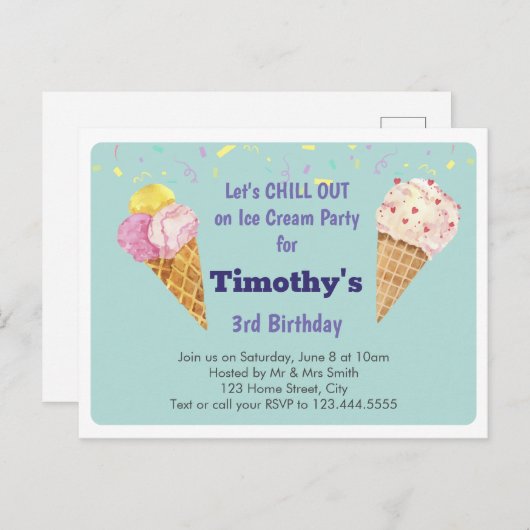 グリーンアイスクールクリーム子供の誕生日パーティー インビテーションポストカード (正面/裏面)