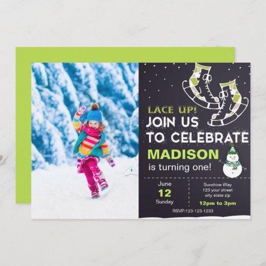 グリーンアイススケート誕生日招待状と写真 招待状 (正面/裏面)