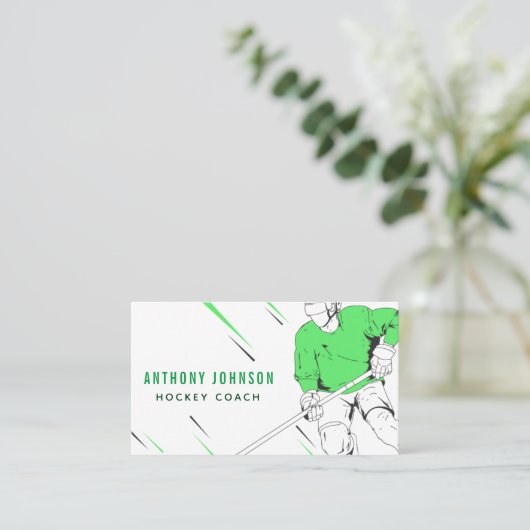 グリーンアイスホッケー選手コーチシルエットスポーツ 名刺 (スタンド正面)