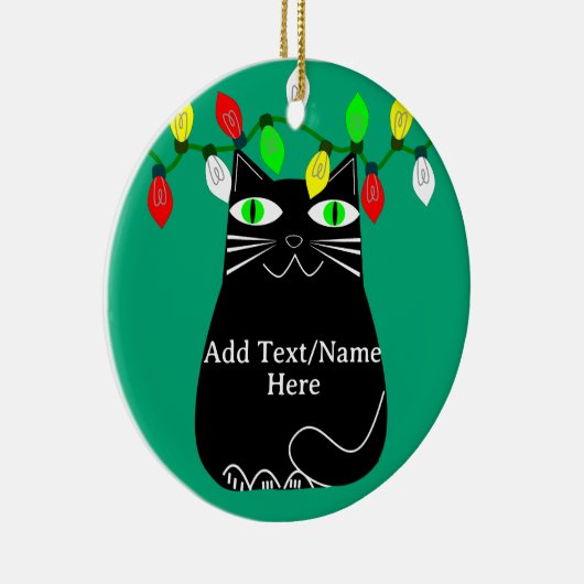 グリーンアイズ付き黒脂肪猫カスタム文字グリーン セラミックオーナメント (右)