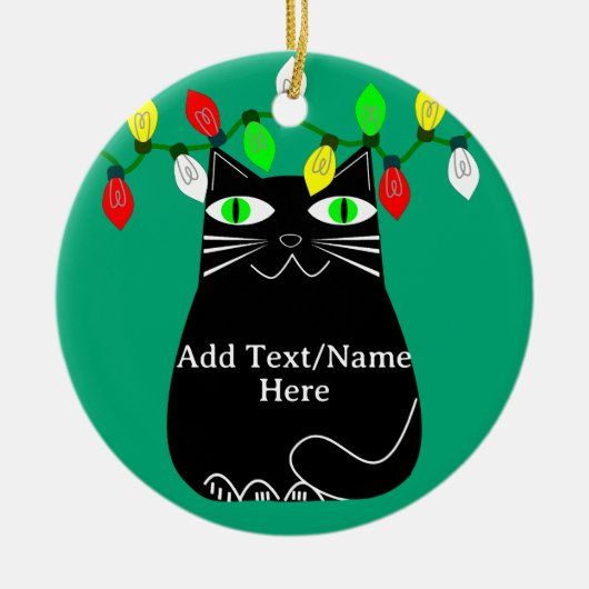 グリーンアイズ付き黒脂肪猫カスタム文字グリーン セラミックオーナメント (正面)