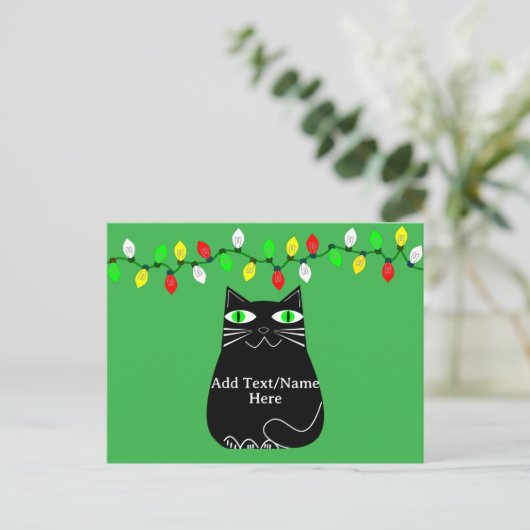 グリーンアイズ付き黒脂肪猫カスタム文字グリーン ポストカード (スタンド正面)