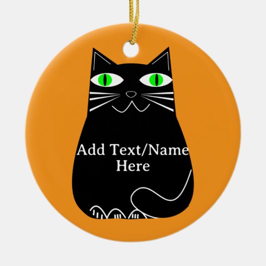 グリーンアイズ付き黒脂肪猫カスタム文字 セラミックオーナメント (正面)