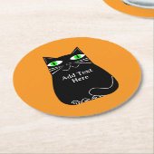 グリーンアイズ付き黒脂肪猫カスタム文字 ラウンドペーパーコースター (アングル)