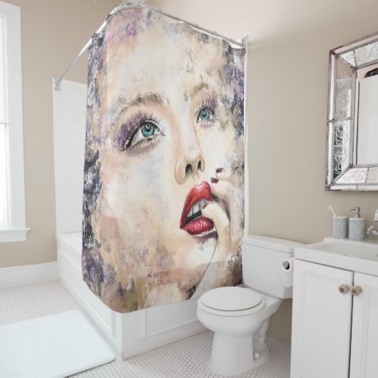 グリーンアイドかわいらしウーマン抽象芸術絵画オリジナル シャワーカーテン (インサイチュ)