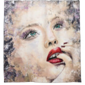 グリーンアイドかわいらしウーマン抽象芸術絵画オリジナル シャワーカーテン (正面)