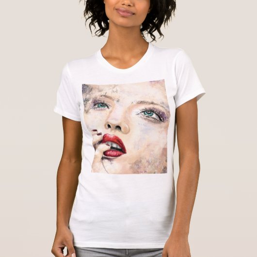 グリーンアイドかわいらしウーマン抽象芸術絵画オリジナル Tシャツ (正面)